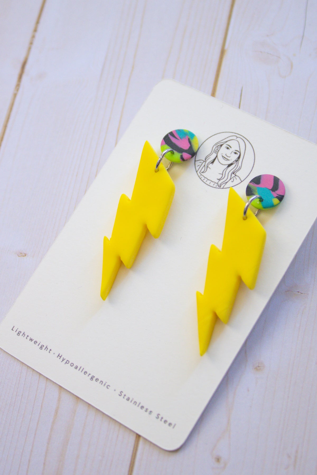 RR7 Electric Avenue – Yellow Lightning Bolt 80s 90s Inspired Earrings | Handmade Polymer Clay Hypoallergenic | Boutique Gift