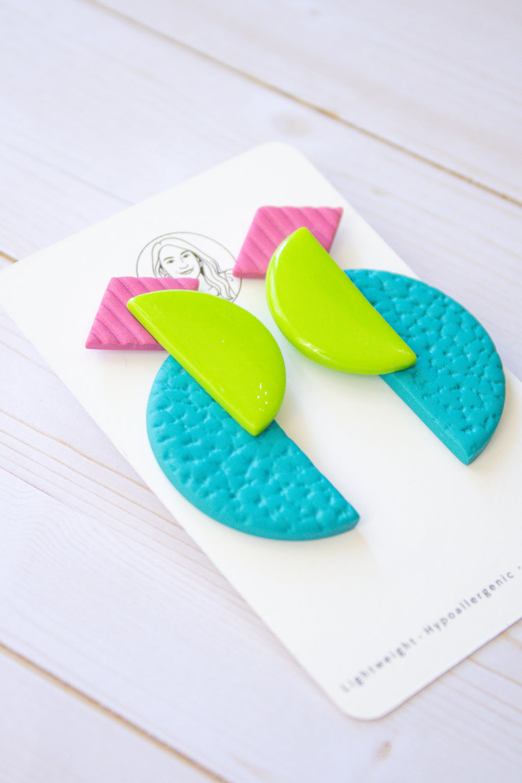 RR8 Geometric Groove – Pink Lime Green & Turquoise Retro Statement Earrings | Handmade Polymer Clay Hypoallergenic | Boutique Gift