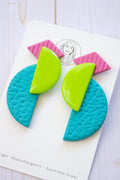 RR8 Geometric Groove – Pink Lime Green & Turquoise Retro Statement Earrings | Handmade Polymer Clay Hypoallergenic | Boutique Gift