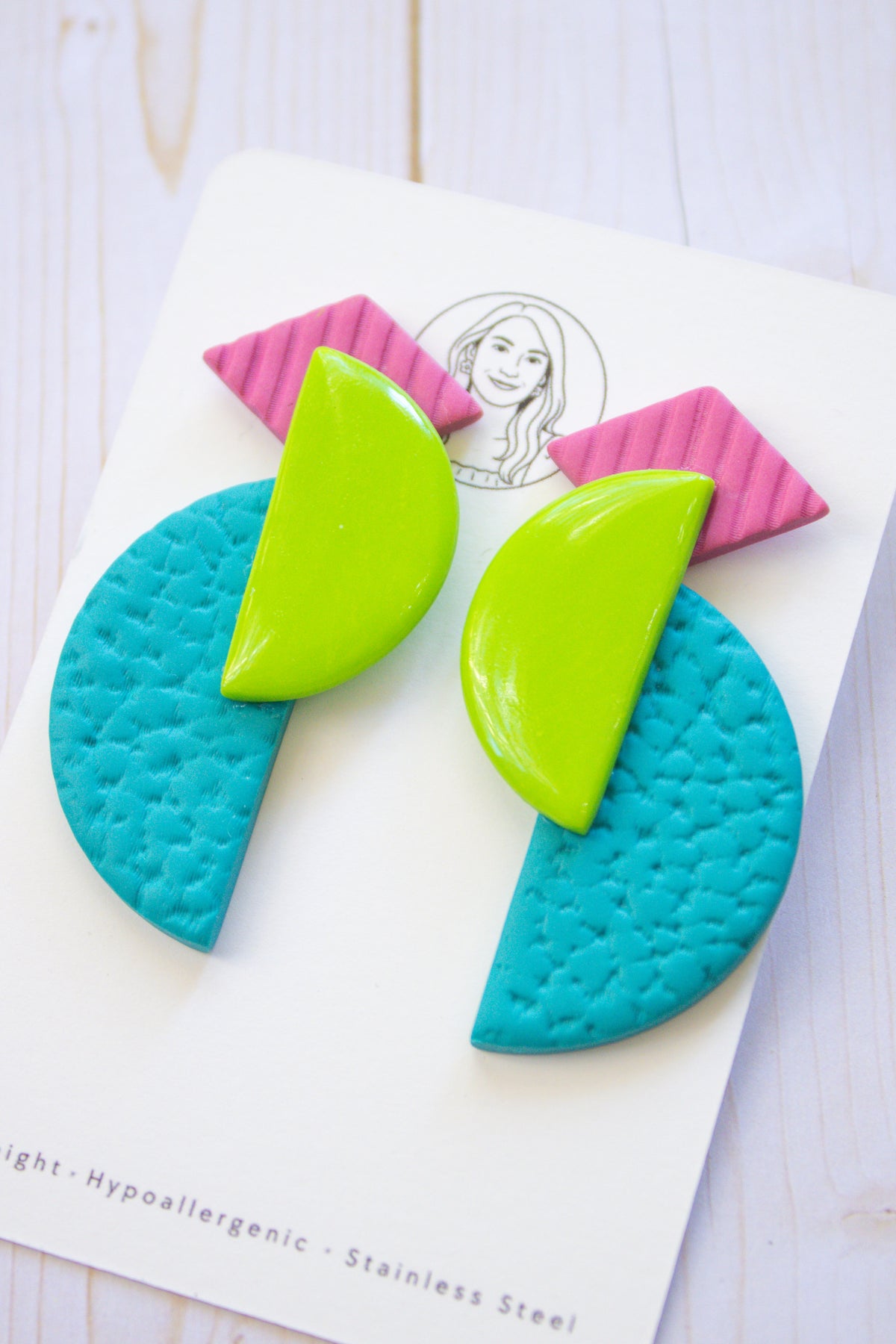 RR8 Geometric Groove – Pink Lime Green & Turquoise Retro Statement Earrings | Handmade Polymer Clay Hypoallergenic | Boutique Gift