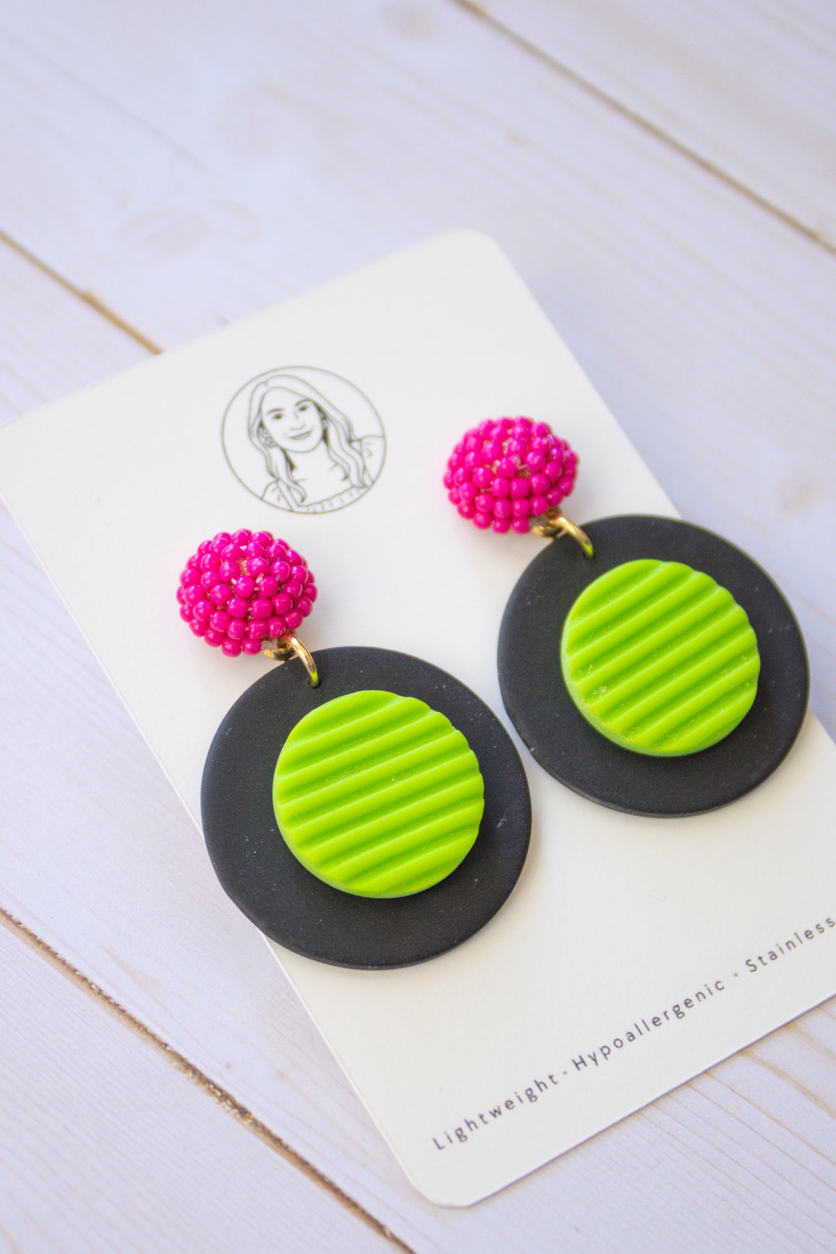 RR9 Disco Dots – Hot Pink & Neon Green Retro Circle Dangle Earrings | Handmade Polymer Clay Hypoallergenic | Boutique Gift