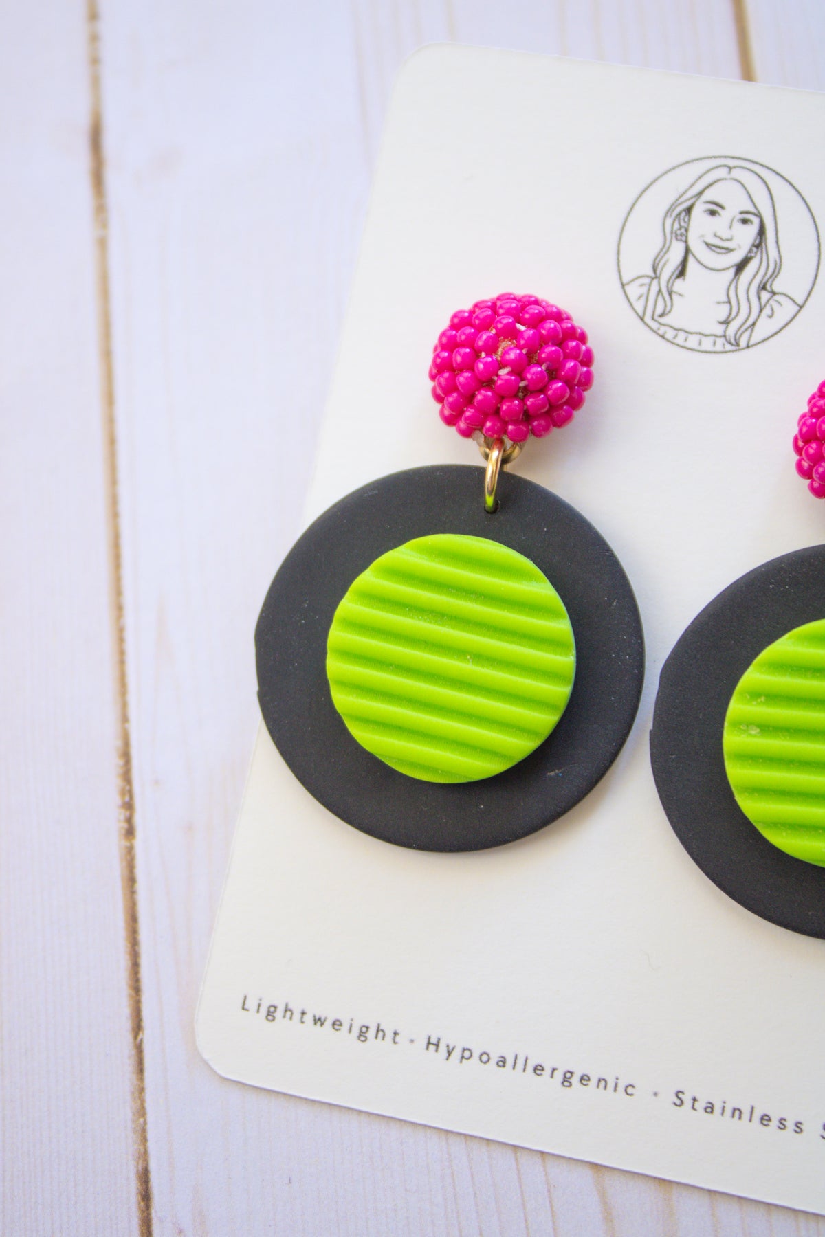 RR9 Disco Dots – Hot Pink & Neon Green Retro Circle Dangle Earrings | Handmade Polymer Clay Hypoallergenic | Boutique Gift