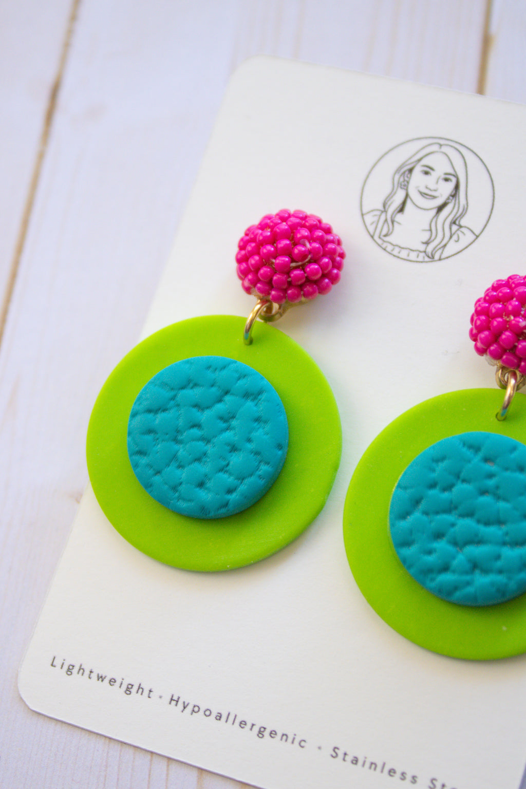 RR2 Electric Disco – Hot Pink & Lime Green Retro Circle Statement Earrings | Handmade Polymer Clay Hypoallergenic | Boutique Gift