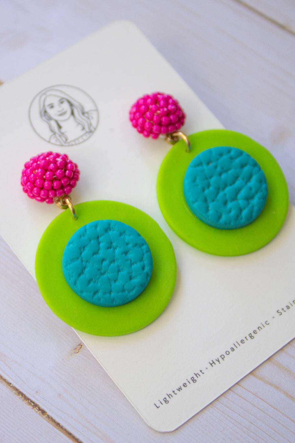 RR2 Electric Disco – Hot Pink & Lime Green Retro Circle Statement Earrings | Handmade Polymer Clay Hypoallergenic | Boutique Gift