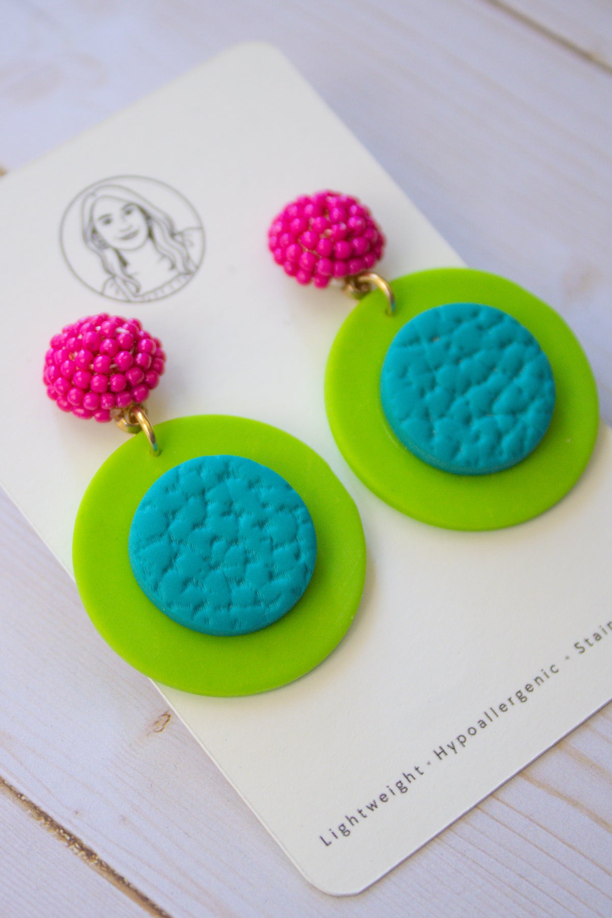 RR2 Electric Disco – Hot Pink & Lime Green Retro Circle Statement Earrings | Handmade Polymer Clay Hypoallergenic | Boutique Gift