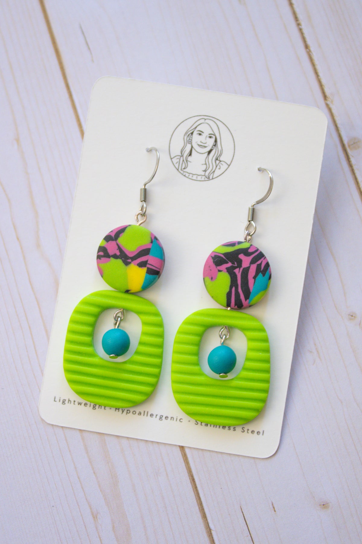 RR4 Funky Fresh – Neon Green Abstract Retro Geometric Drop Earrings | Handmade Polymer Clay Hypoallergenic | Boutique Gift