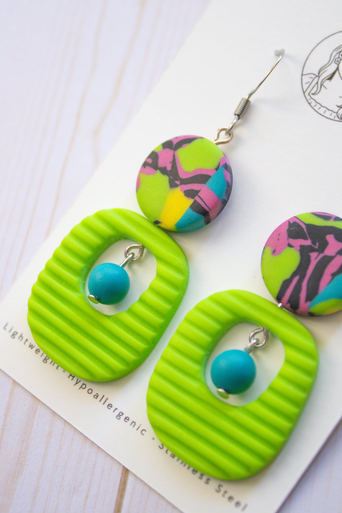 RR4 Funky Fresh – Neon Green Abstract Retro Geometric Drop Earrings | Handmade Polymer Clay Hypoallergenic | Boutique Gift