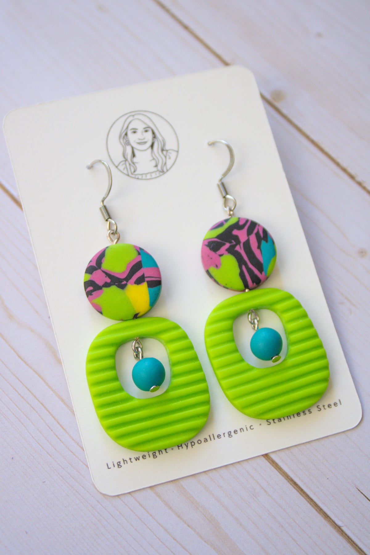 RR4 Funky Fresh – Neon Green Abstract Retro Geometric Drop Earrings | Handmade Polymer Clay Hypoallergenic | Boutique Gift
