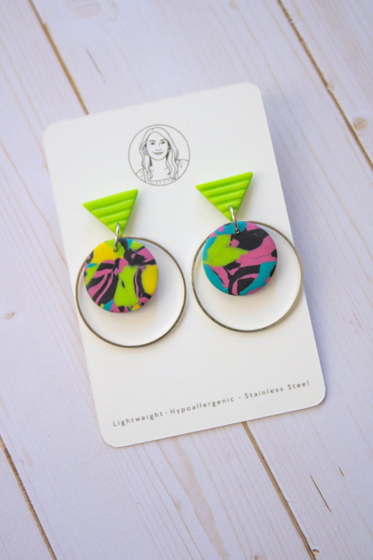 RR5 Retro Remix – Colorful Abstract Print Silver Hoop Earrings | Handmade Polymer Clay Hypoallergenic | Boutique Gift