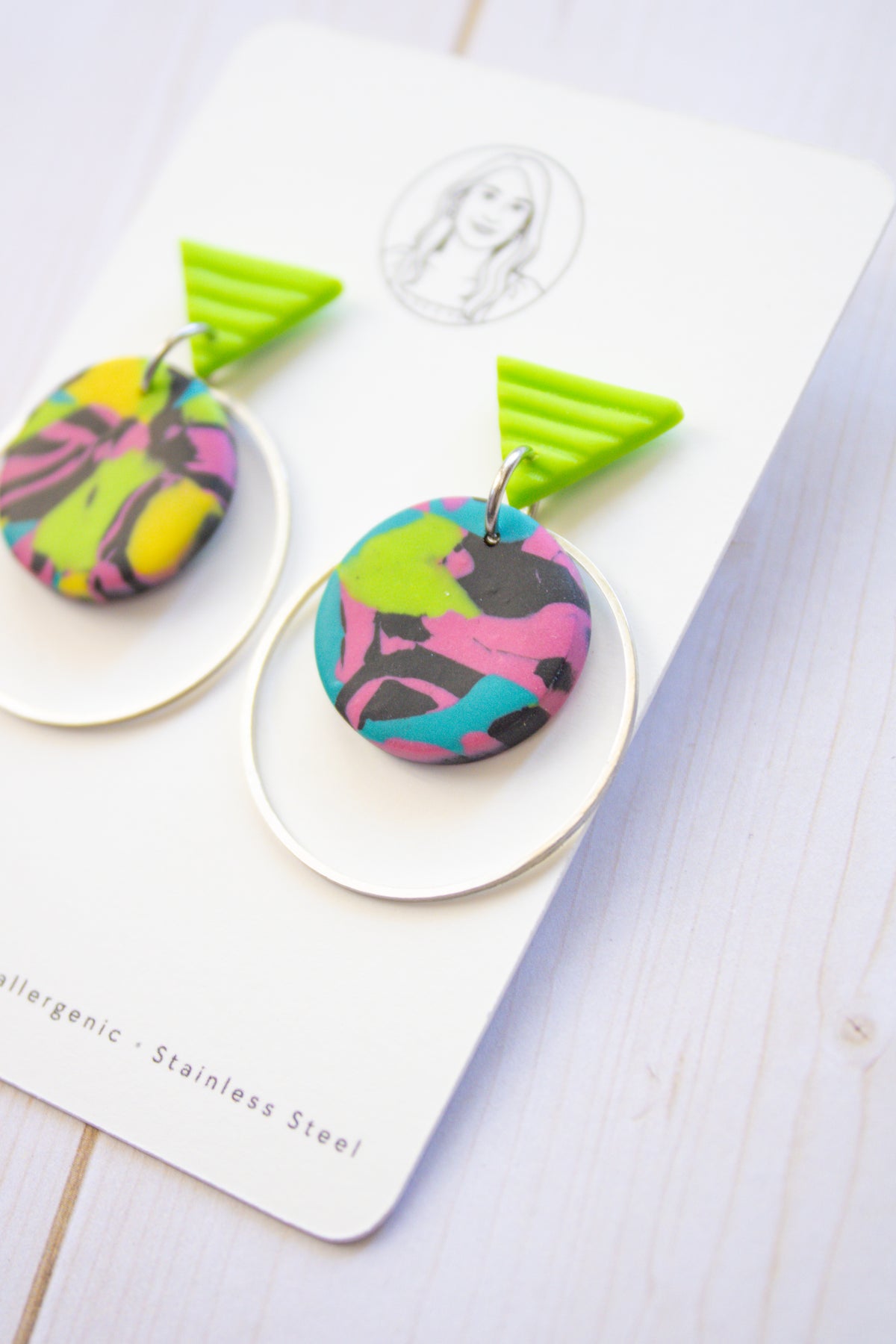 RR5 Retro Remix – Colorful Abstract Print Silver Hoop Earrings | Handmade Polymer Clay Hypoallergenic | Boutique Gift