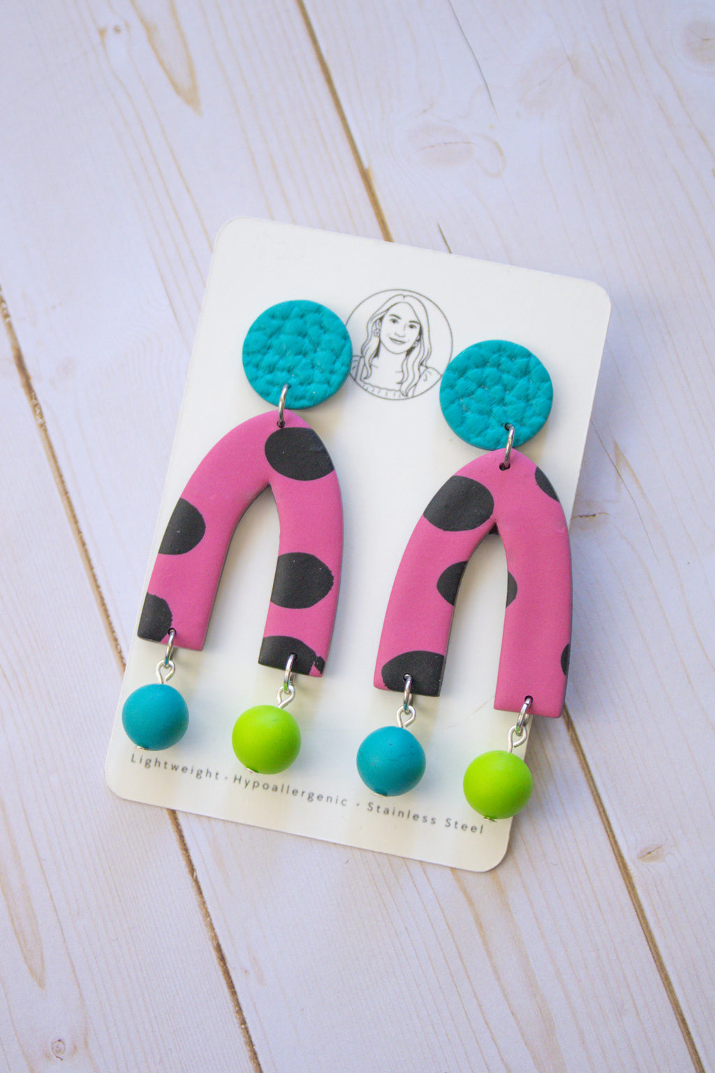 RR10 Pop Art Party – Pink Polka Dot Retro Arch Dangle Earrings | Handmade Polymer Clay Hypoallergenic | Boutique Gift