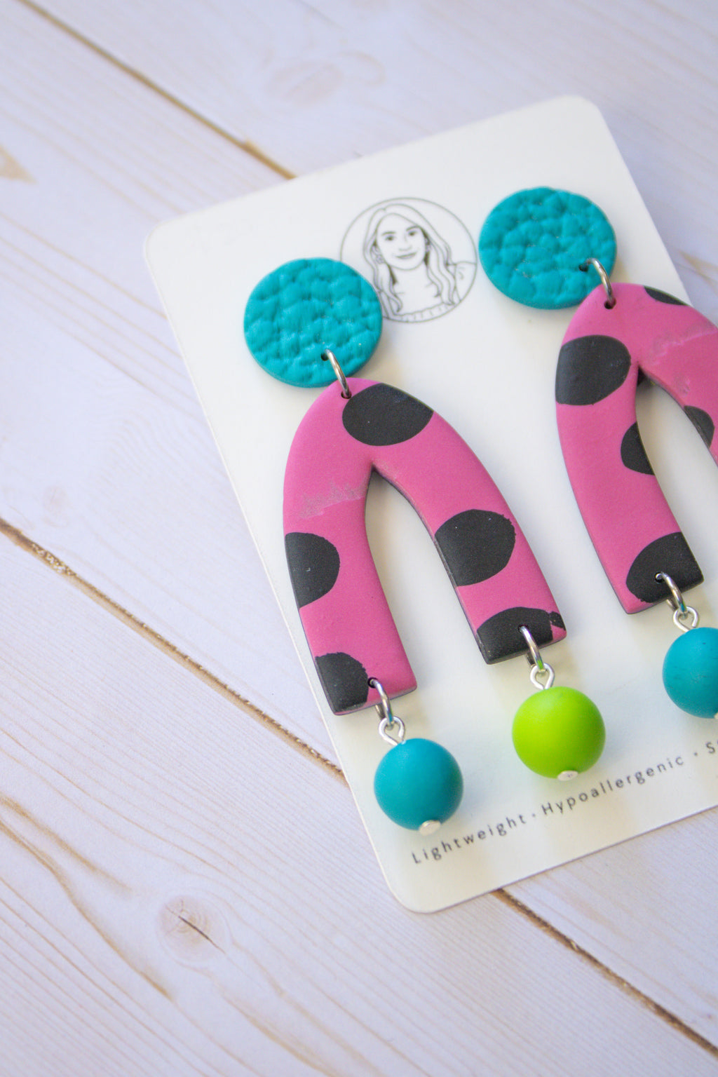 RR10 Pop Art Party – Pink Polka Dot Retro Arch Dangle Earrings | Handmade Polymer Clay Hypoallergenic | Boutique Gift