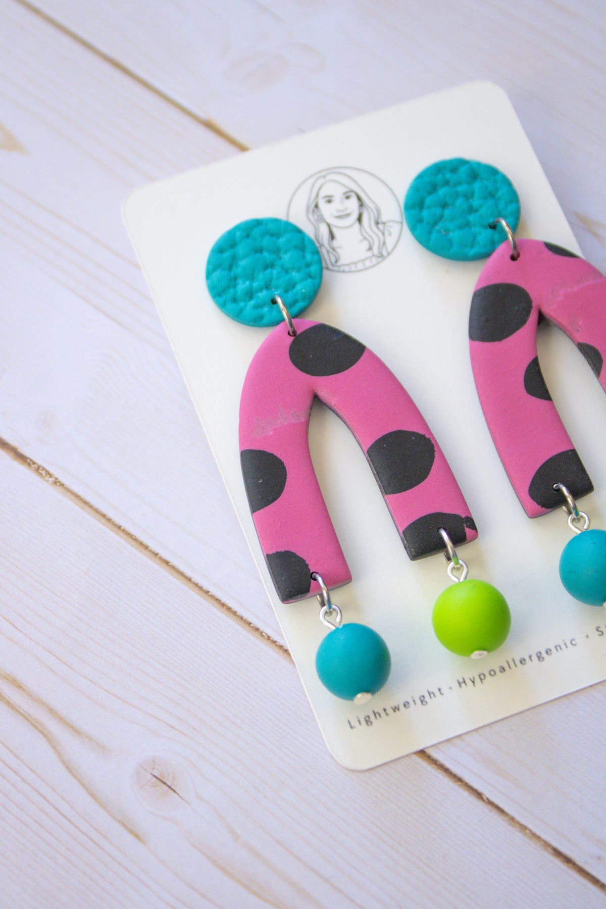 RR10 Pop Art Party – Pink Polka Dot Retro Arch Dangle Earrings | Handmade Polymer Clay Hypoallergenic | Boutique Gift