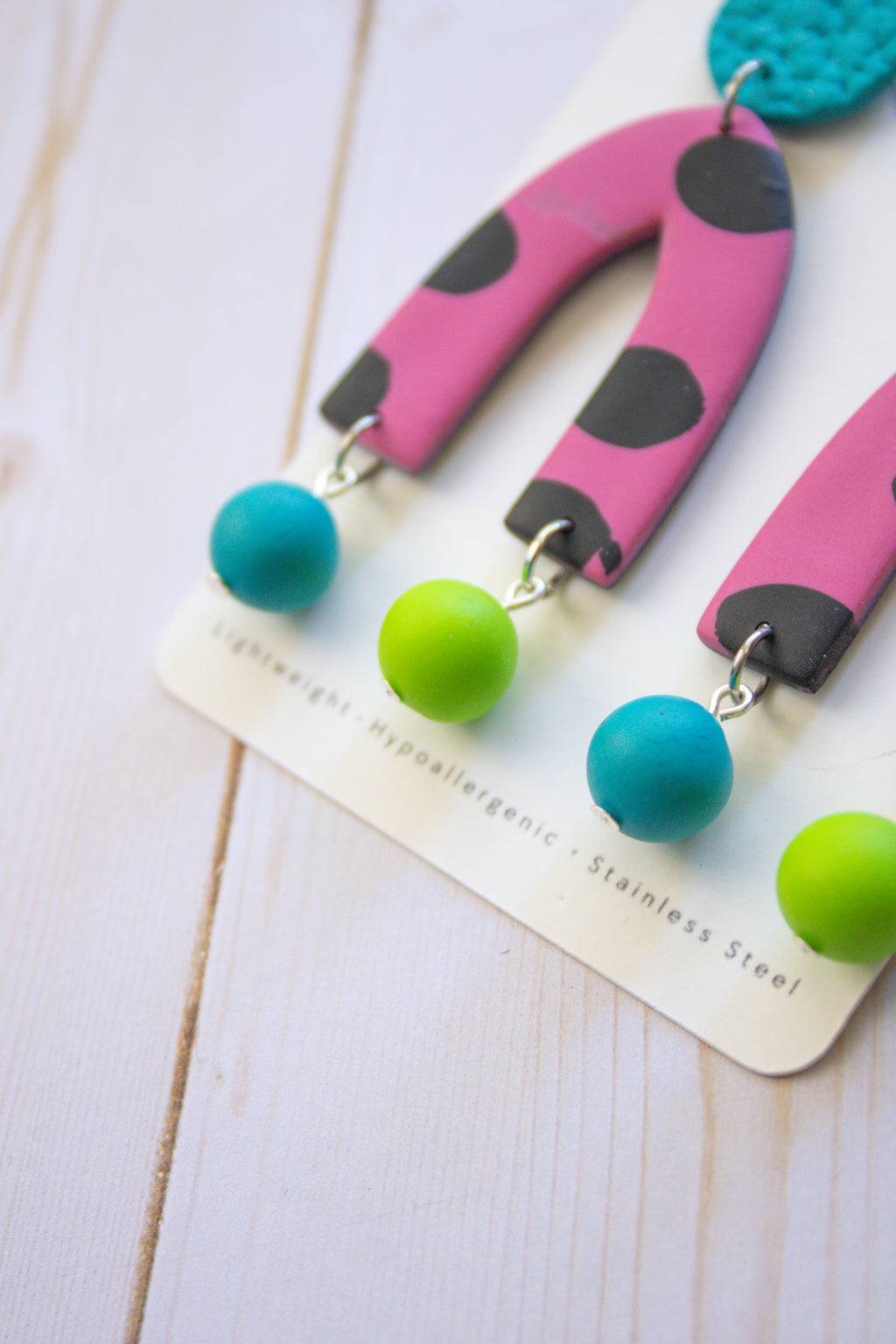 RR10 Pop Art Party – Pink Polka Dot Retro Arch Dangle Earrings | Handmade Polymer Clay Hypoallergenic | Boutique Gift