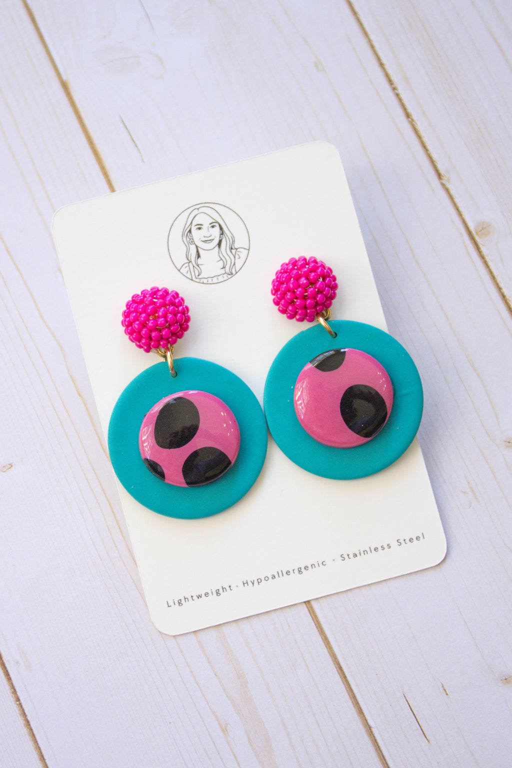 RR12 Retro Polka Pop – Turquoise & Pink Polka Dot Circle Earrings| Handmade Polymer Clay Hypoallergenic | Boutique Gift