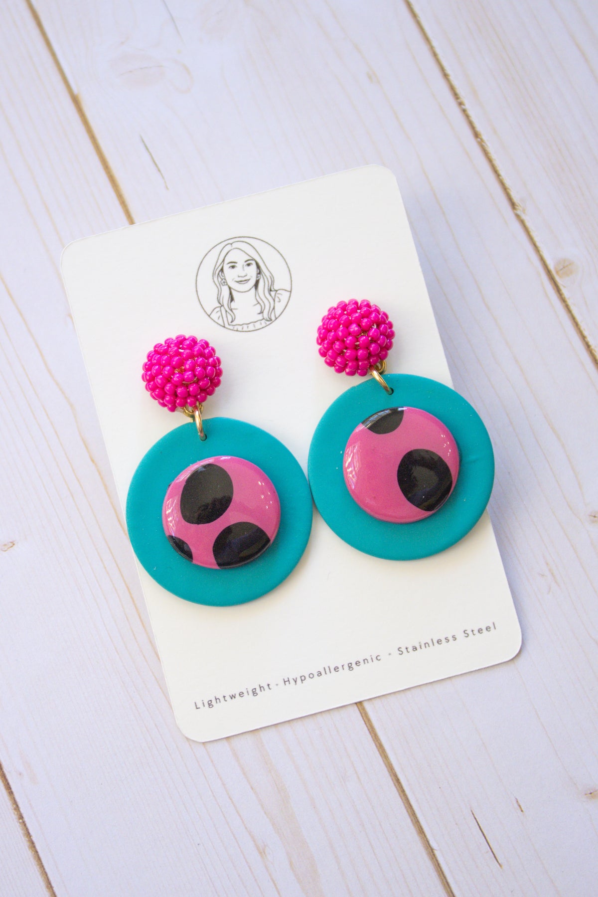 RR12 Retro Polka Pop – Turquoise & Pink Polka Dot Circle Earrings| Handmade Polymer Clay Hypoallergenic | Boutique Gift