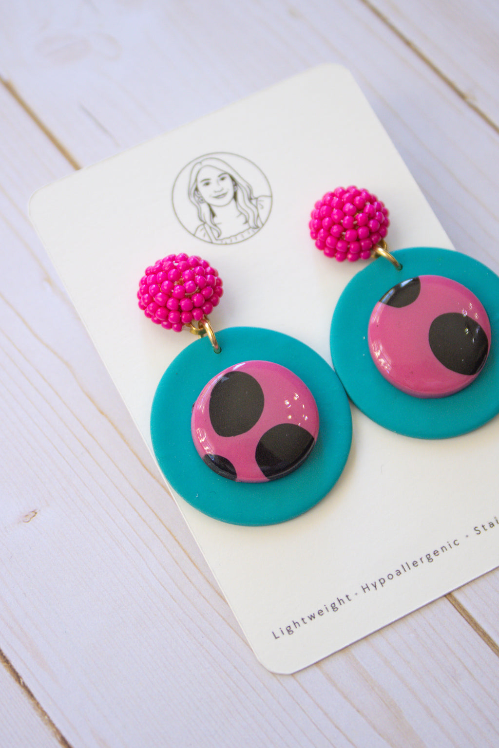 RR12 Retro Polka Pop – Turquoise & Pink Polka Dot Circle Earrings| Handmade Polymer Clay Hypoallergenic | Boutique Gift