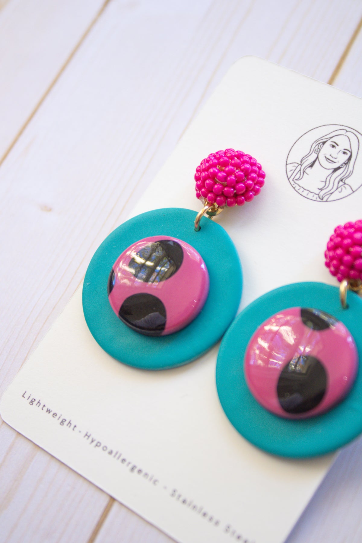 RR12 Retro Polka Pop – Turquoise & Pink Polka Dot Circle Earrings| Handmade Polymer Clay Hypoallergenic | Boutique Gift