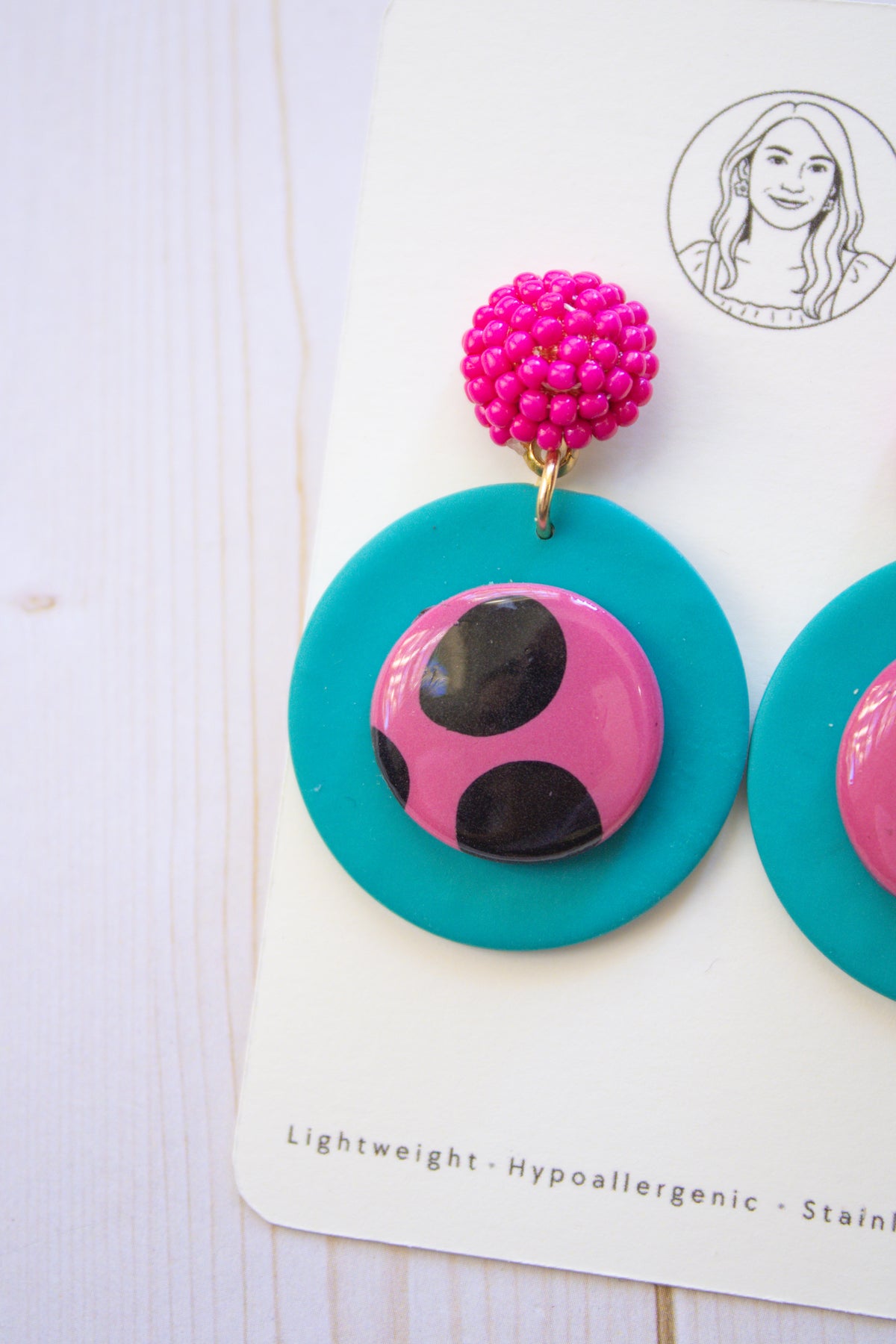 RR12 Retro Polka Pop – Turquoise & Pink Polka Dot Circle Earrings| Handmade Polymer Clay Hypoallergenic | Boutique Gift