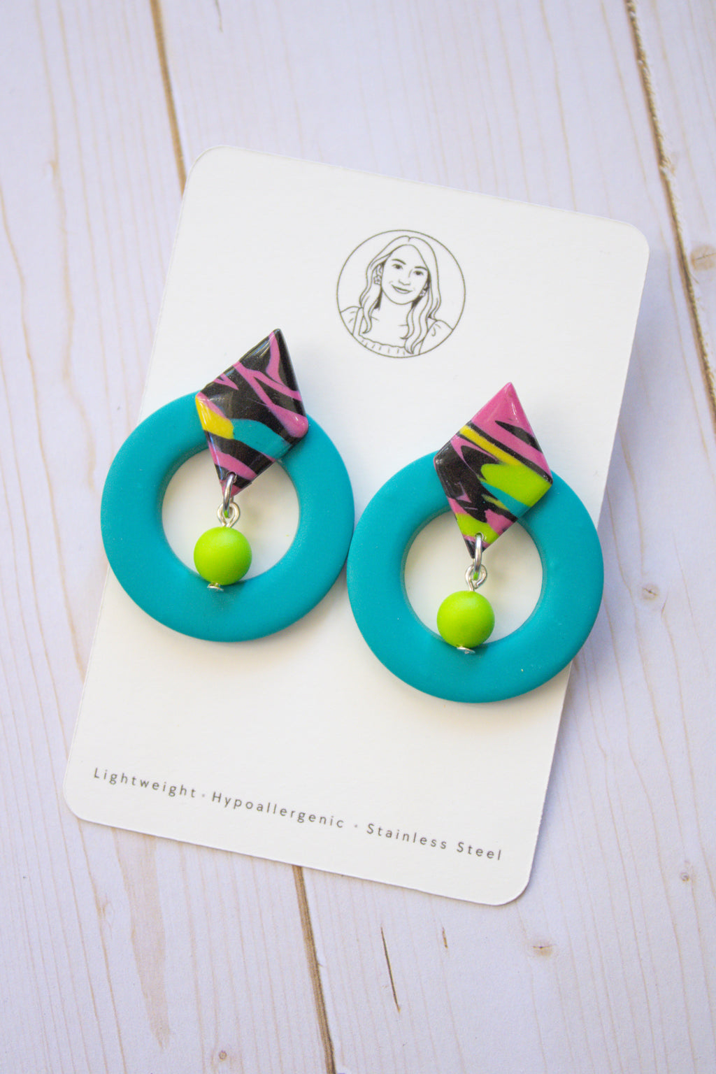 RR3 Totally Turquoise – 80s 90S Inspired Geometric Hoop Dangle Earrings | Handmade Polymer Clay Hypoallergenic | Boutique Gift