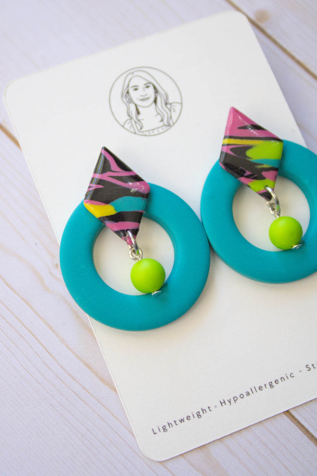 RR3 Totally Turquoise – 80s 90S Inspired Geometric Hoop Dangle Earrings | Handmade Polymer Clay Hypoallergenic | Boutique Gift