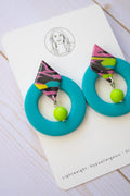 RR3 Totally Turquoise – 80s 90S Inspired Geometric Hoop Dangle Earrings | Handmade Polymer Clay Hypoallergenic | Boutique Gift