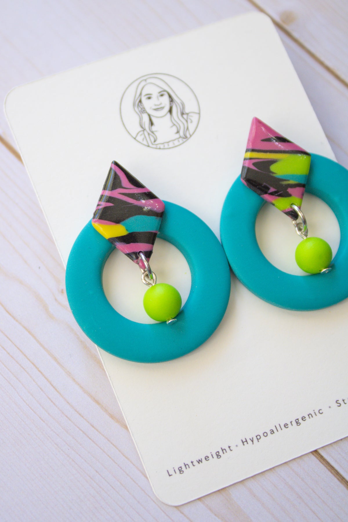 RR3 Totally Turquoise – 80s 90S Inspired Geometric Hoop Dangle Earrings | Handmade Polymer Clay Hypoallergenic | Boutique Gift
