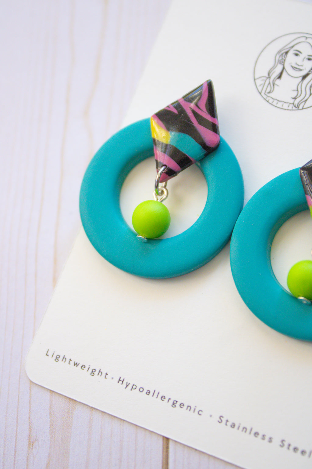 RR3 Totally Turquoise – 80s 90S Inspired Geometric Hoop Dangle Earrings | Handmade Polymer Clay Hypoallergenic | Boutique Gift