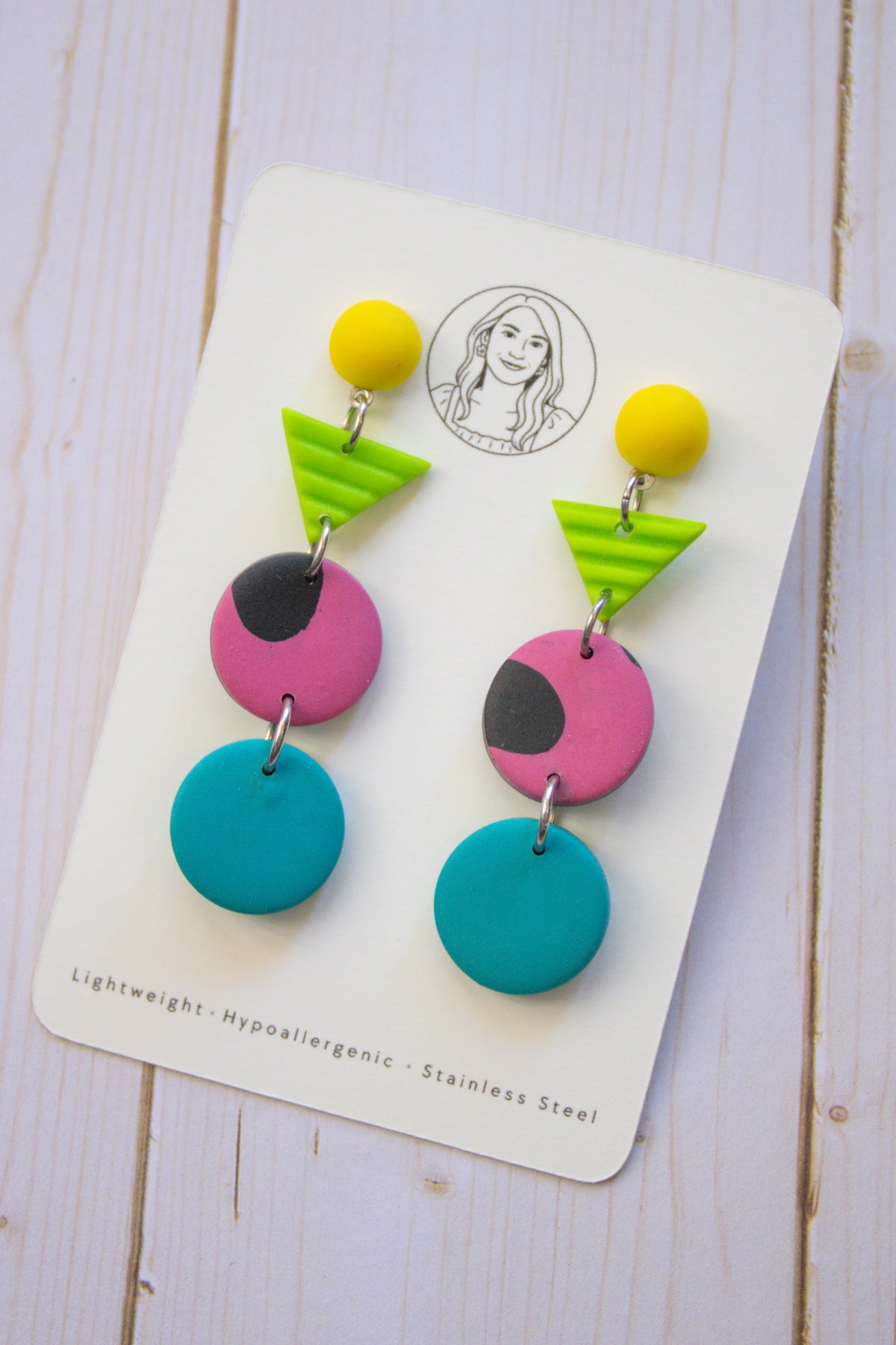 RR1 Neon Pop – 80s 90s Inspired Colorful Geometric Dangle Earrings | Handmade Polymer Clay Hypoallergenic | Boutique Gift