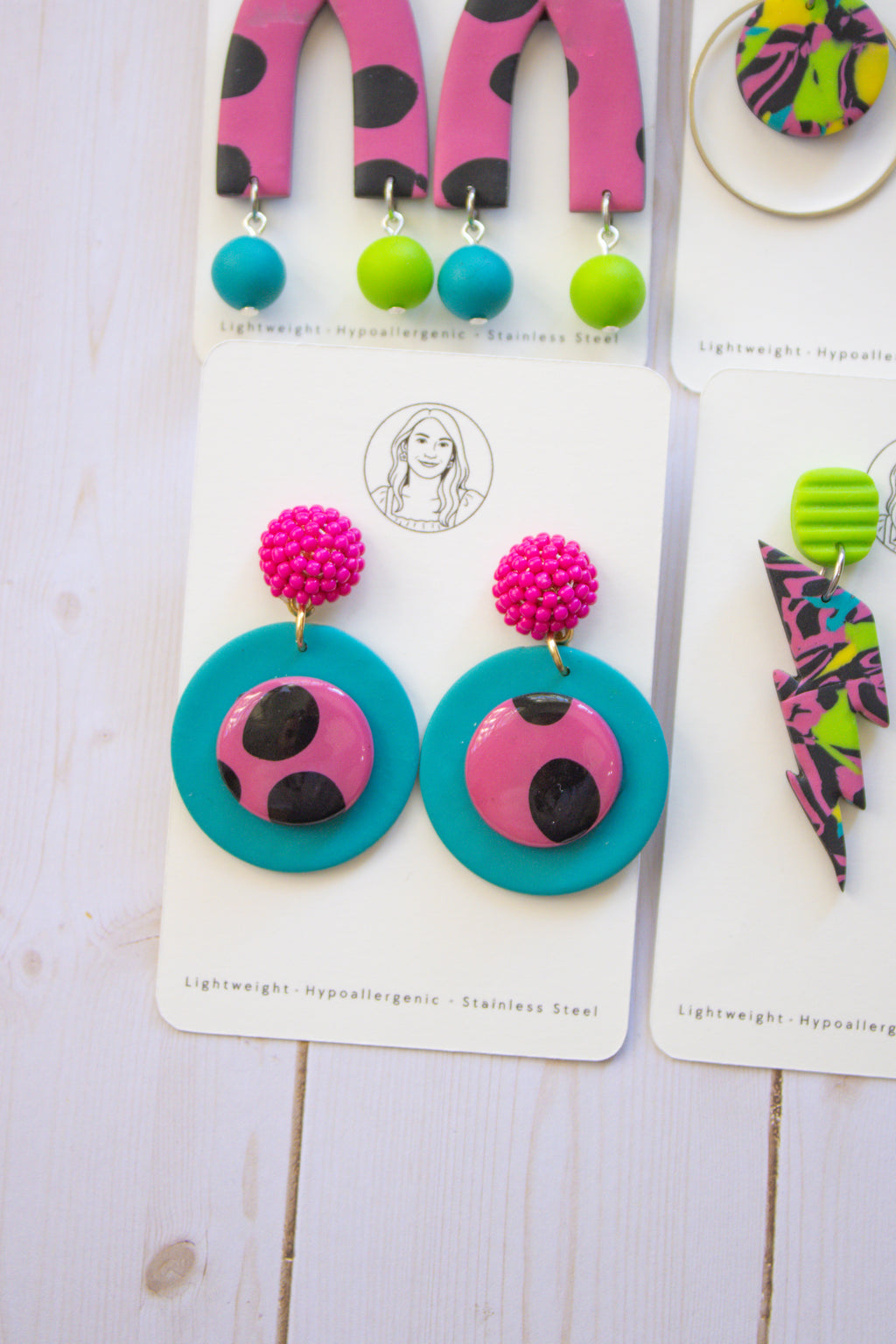 RR12 Retro Polka Pop – Turquoise & Pink Polka Dot Circle Earrings| Handmade Polymer Clay Hypoallergenic | Boutique Gift