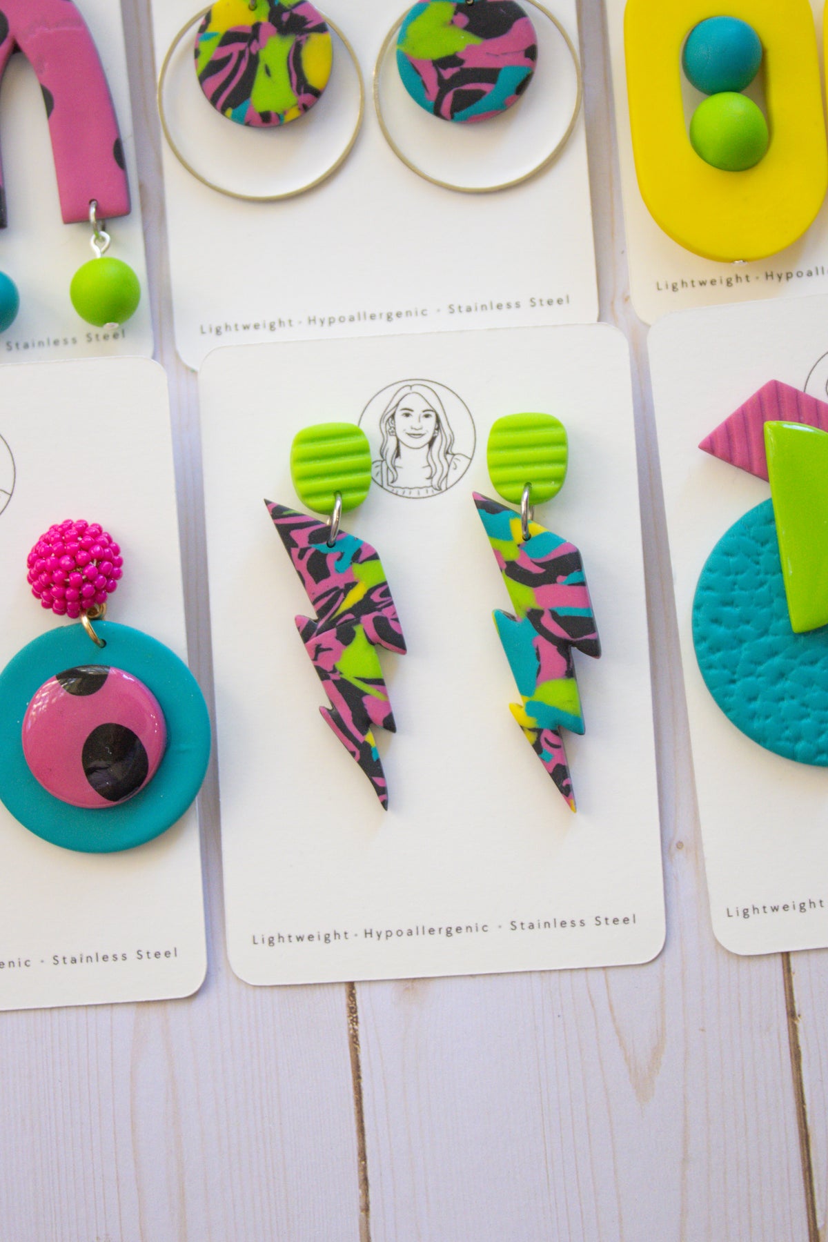 RR11 Neon Flash – Colorful Abstract Lightning Bolt Statement Earrings | Handmade Polymer Clay Hypoallergenic | Boutique Gift