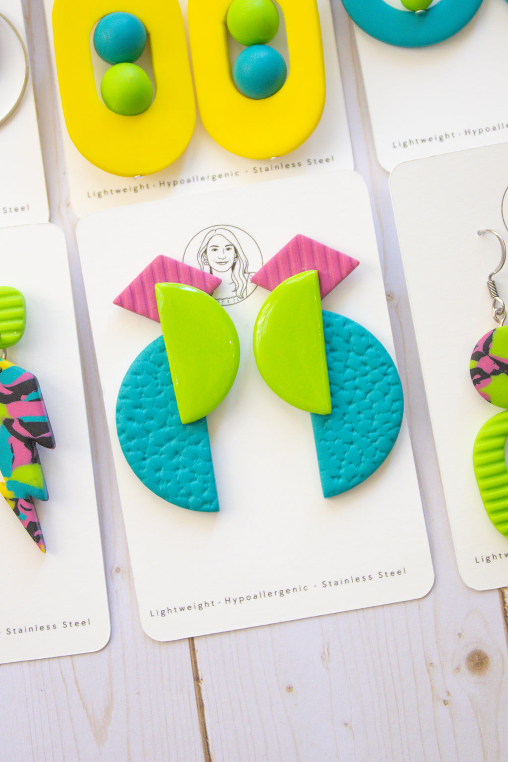 RR8 Geometric Groove – Pink Lime Green & Turquoise Retro Statement Earrings | Handmade Polymer Clay Hypoallergenic | Boutique Gift