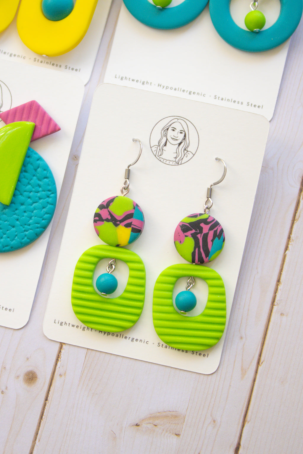 RR4 Funky Fresh – Neon Green Abstract Retro Geometric Drop Earrings | Handmade Polymer Clay Hypoallergenic | Boutique Gift