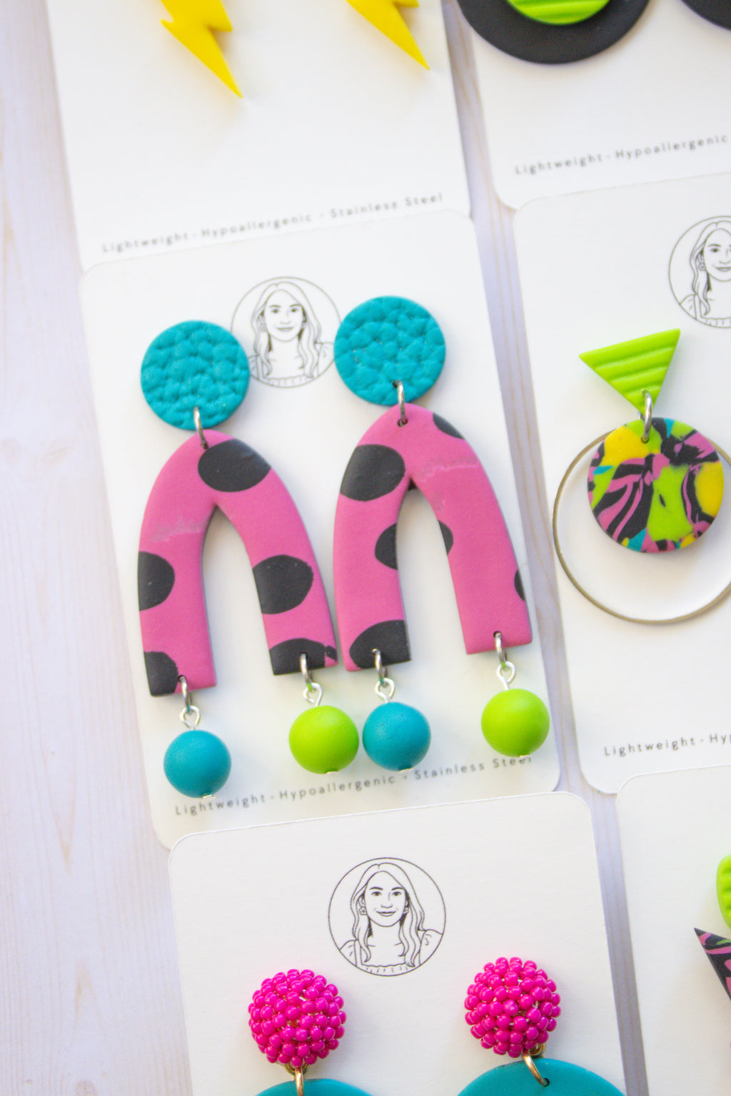 RR10 Pop Art Party – Pink Polka Dot Retro Arch Dangle Earrings | Handmade Polymer Clay Hypoallergenic | Boutique Gift