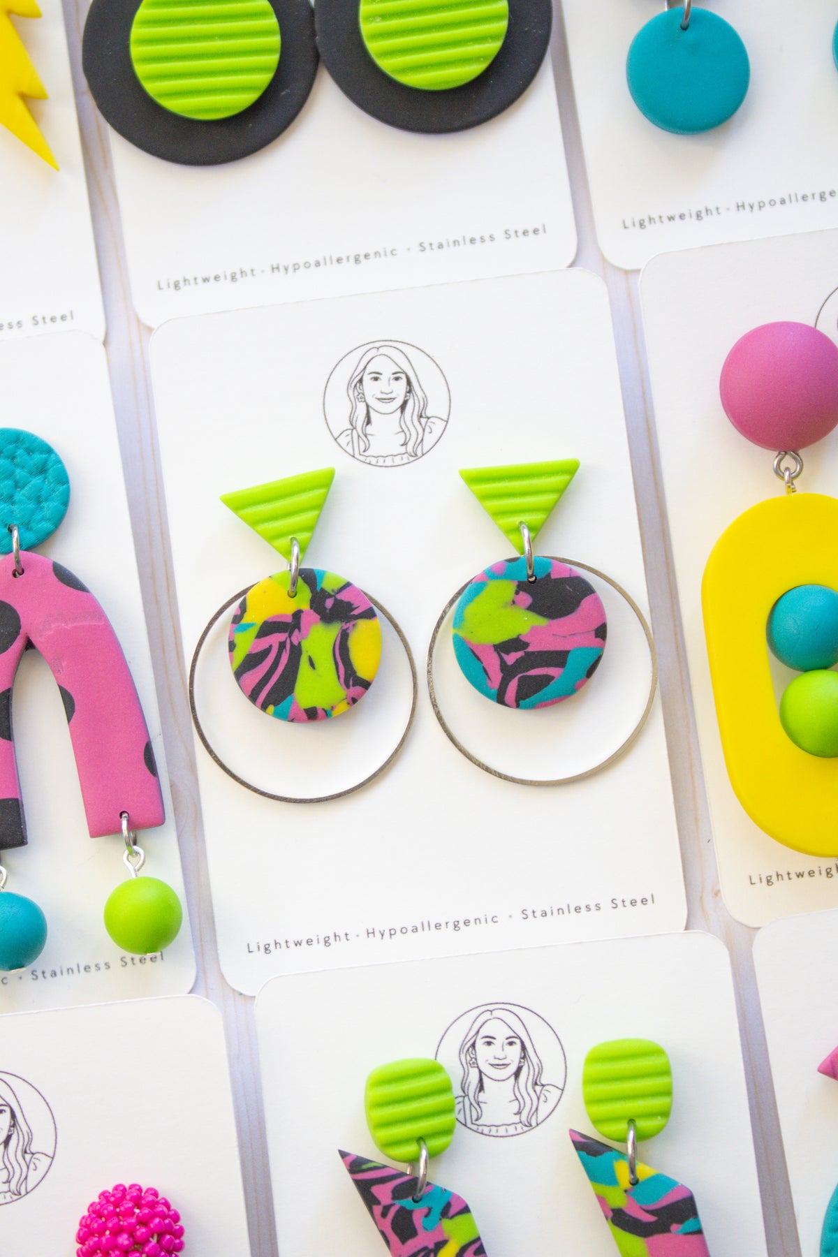 RR5 Retro Remix – Colorful Abstract Print Silver Hoop Earrings | Handmade Polymer Clay Hypoallergenic | Boutique Gift