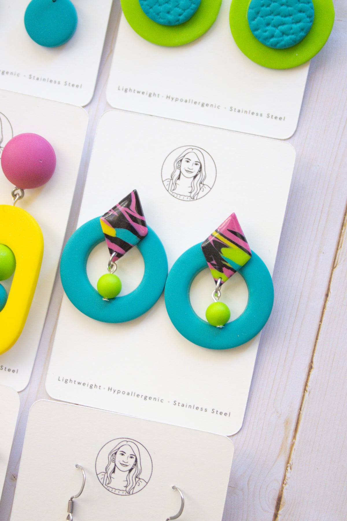 RR3 Totally Turquoise – 80s 90S Inspired Geometric Hoop Dangle Earrings | Handmade Polymer Clay Hypoallergenic | Boutique Gift