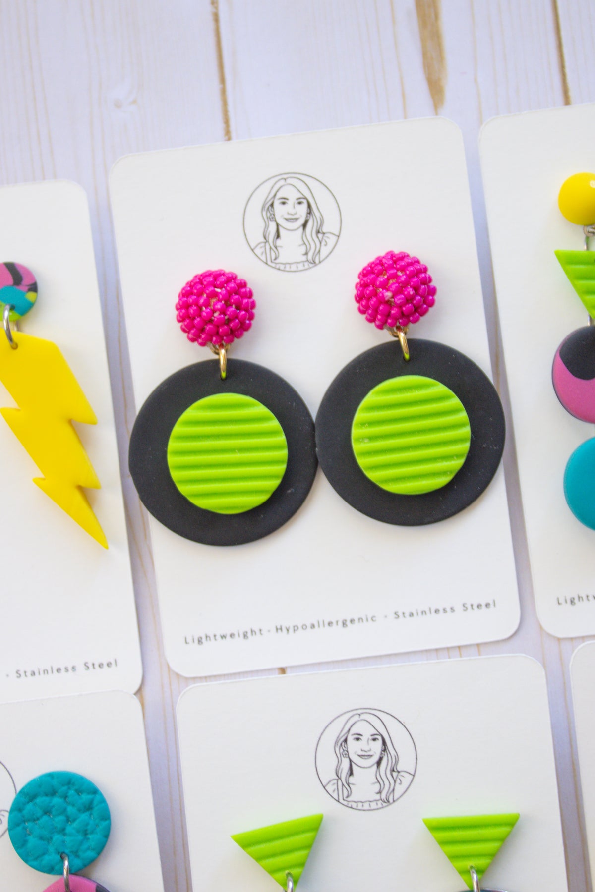 RR9 Disco Dots – Hot Pink & Neon Green Retro Circle Dangle Earrings | Handmade Polymer Clay Hypoallergenic | Boutique Gift