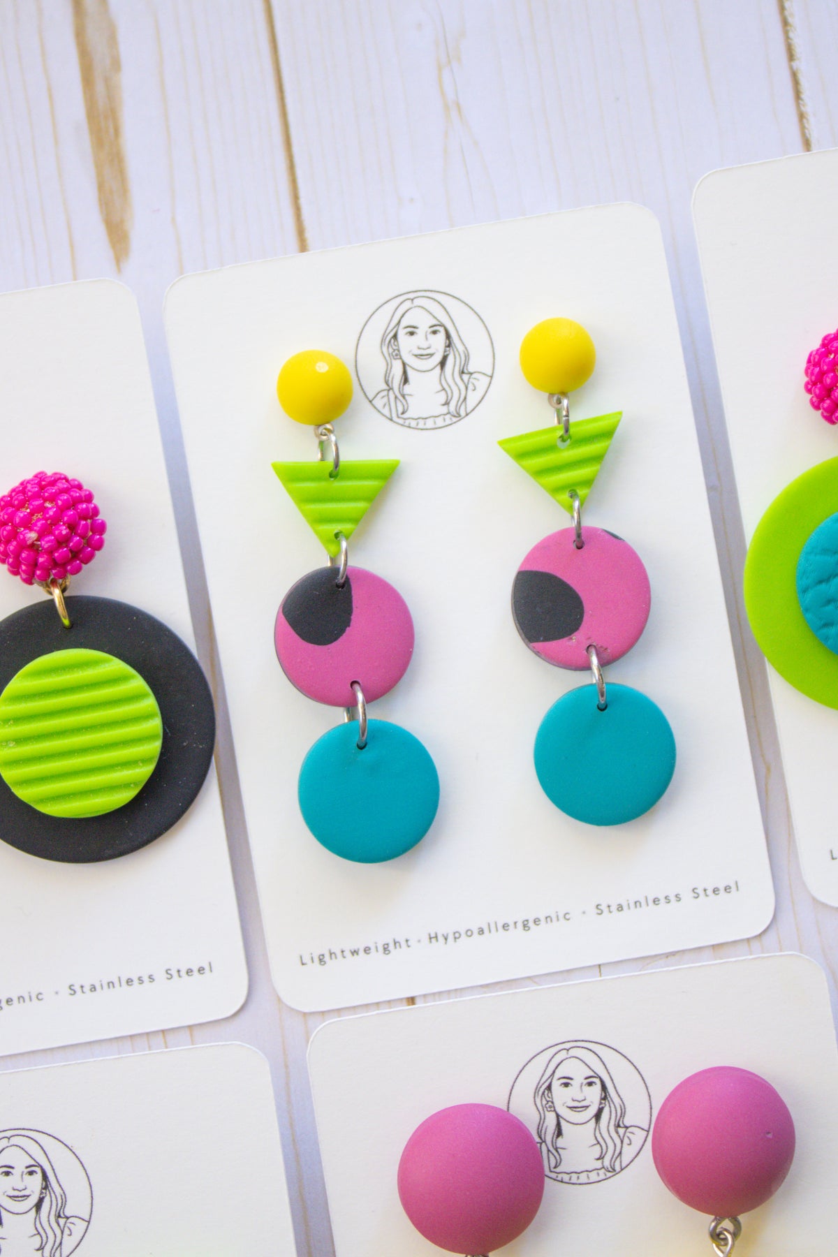 RR1 Neon Pop – 80s 90s Inspired Colorful Geometric Dangle Earrings | Handmade Polymer Clay Hypoallergenic | Boutique Gift