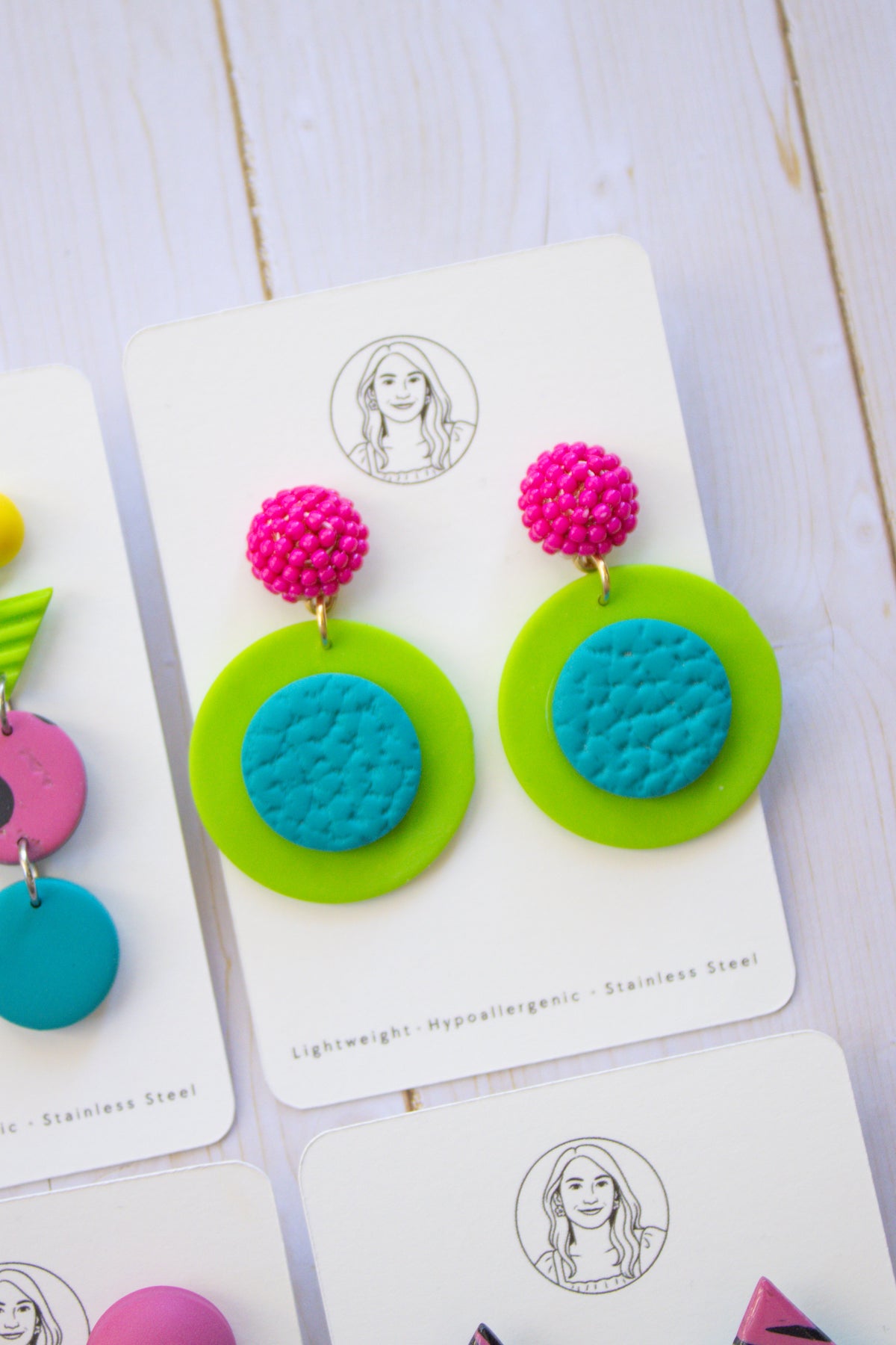 RR2 Electric Disco – Hot Pink & Lime Green Retro Circle Statement Earrings | Handmade Polymer Clay Hypoallergenic | Boutique Gift