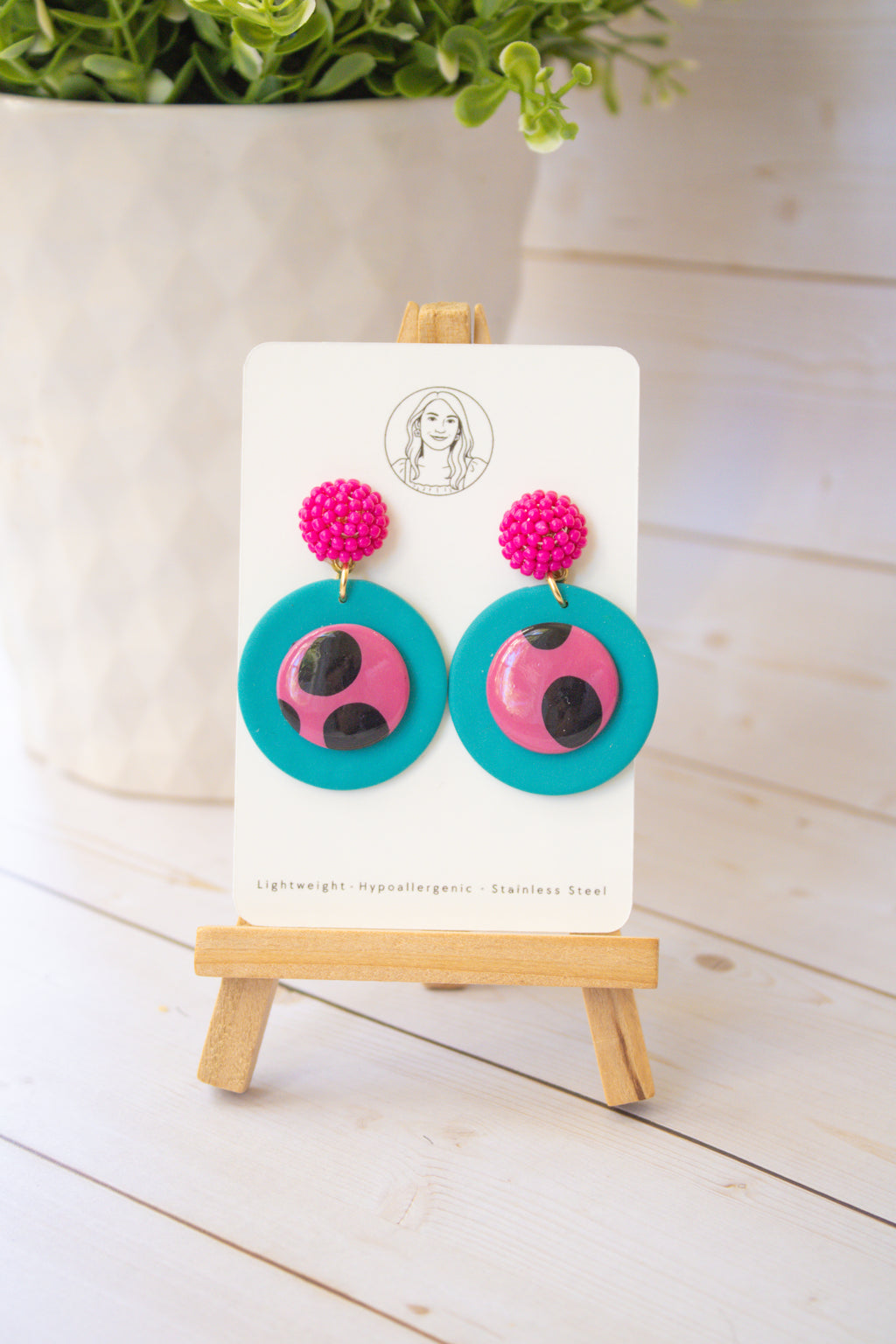 RR12 Retro Polka Pop – Turquoise & Pink Polka Dot Circle Earrings| Handmade Polymer Clay Hypoallergenic | Boutique Gift