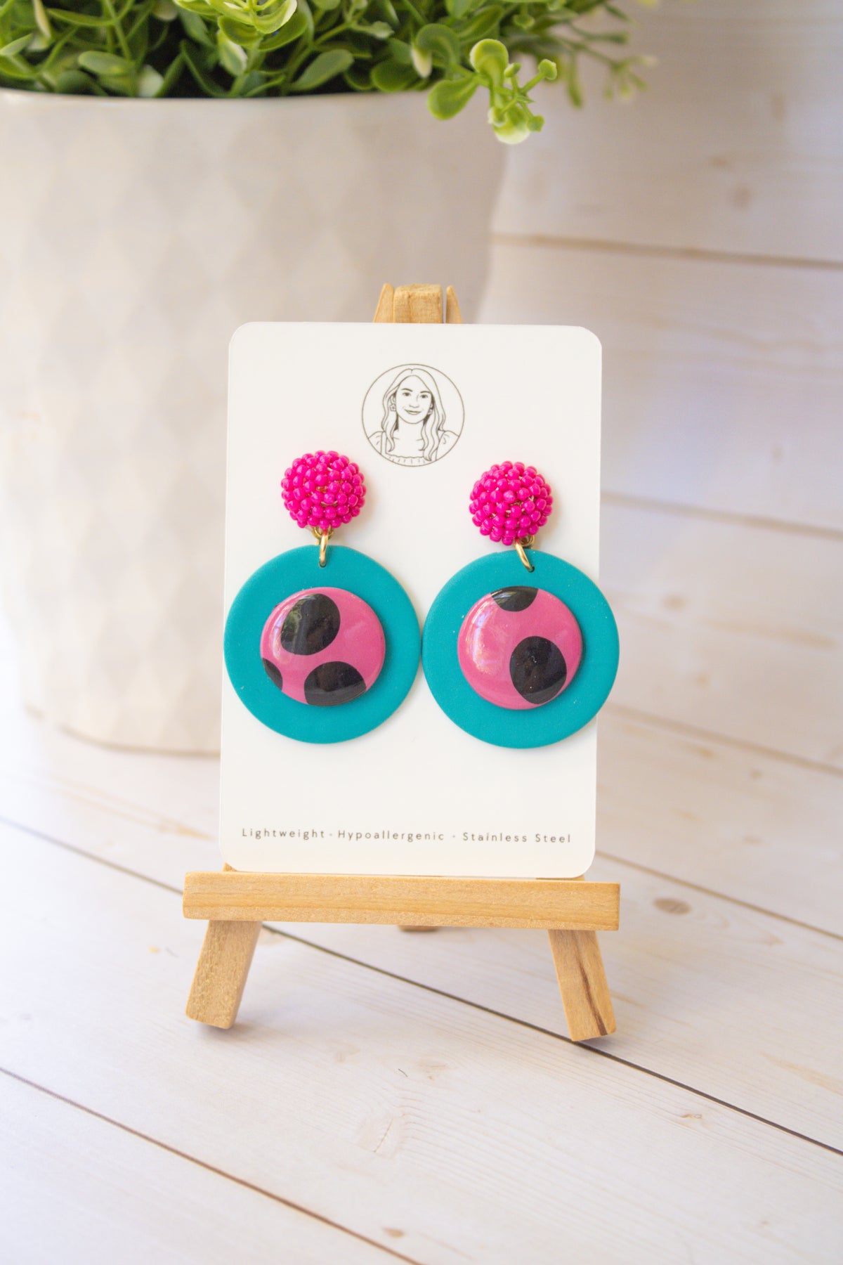 RR12 Retro Polka Pop – Turquoise & Pink Polka Dot Circle Earrings| Handmade Polymer Clay Hypoallergenic | Boutique Gift