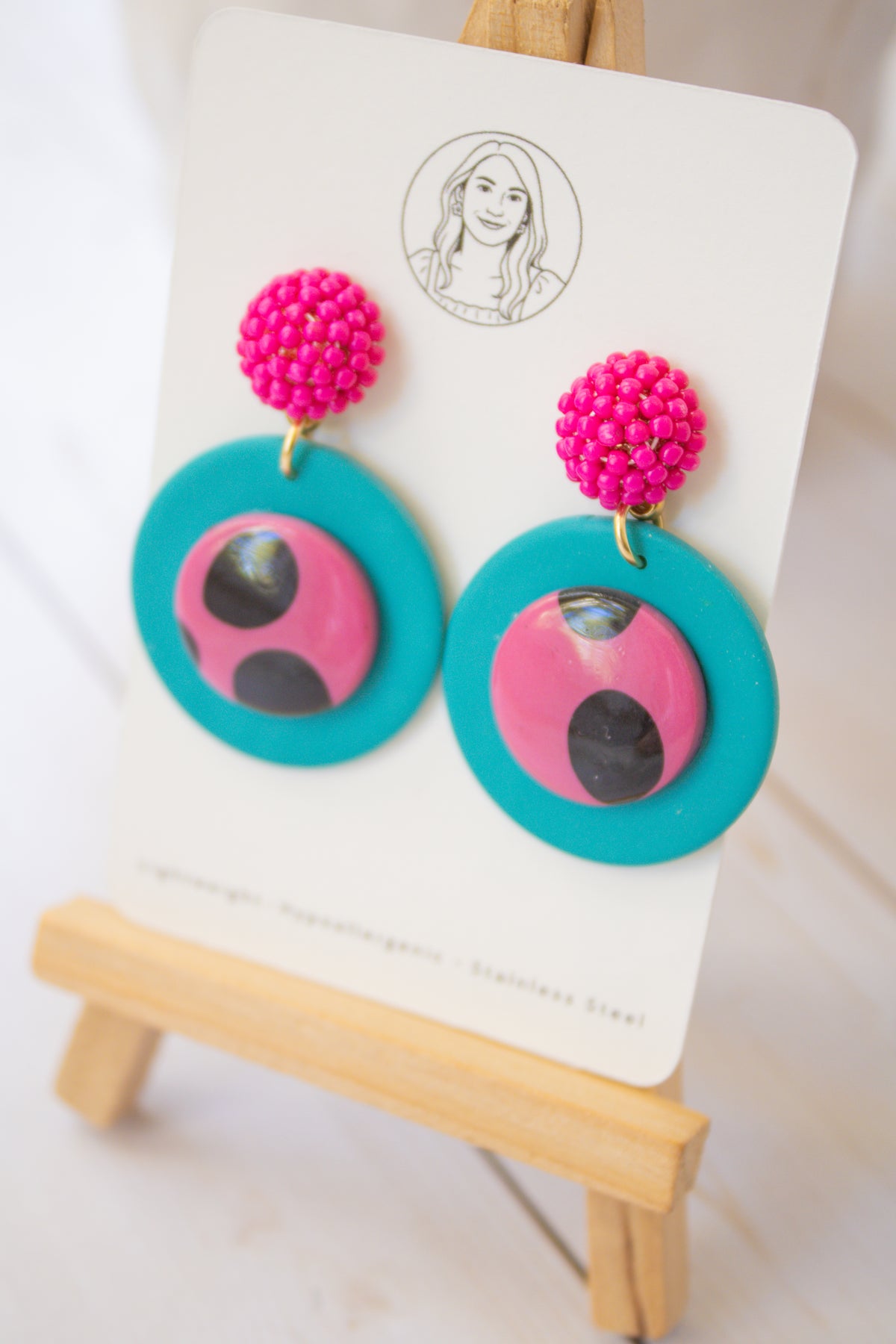 RR12 Retro Polka Pop – Turquoise & Pink Polka Dot Circle Earrings| Handmade Polymer Clay Hypoallergenic | Boutique Gift