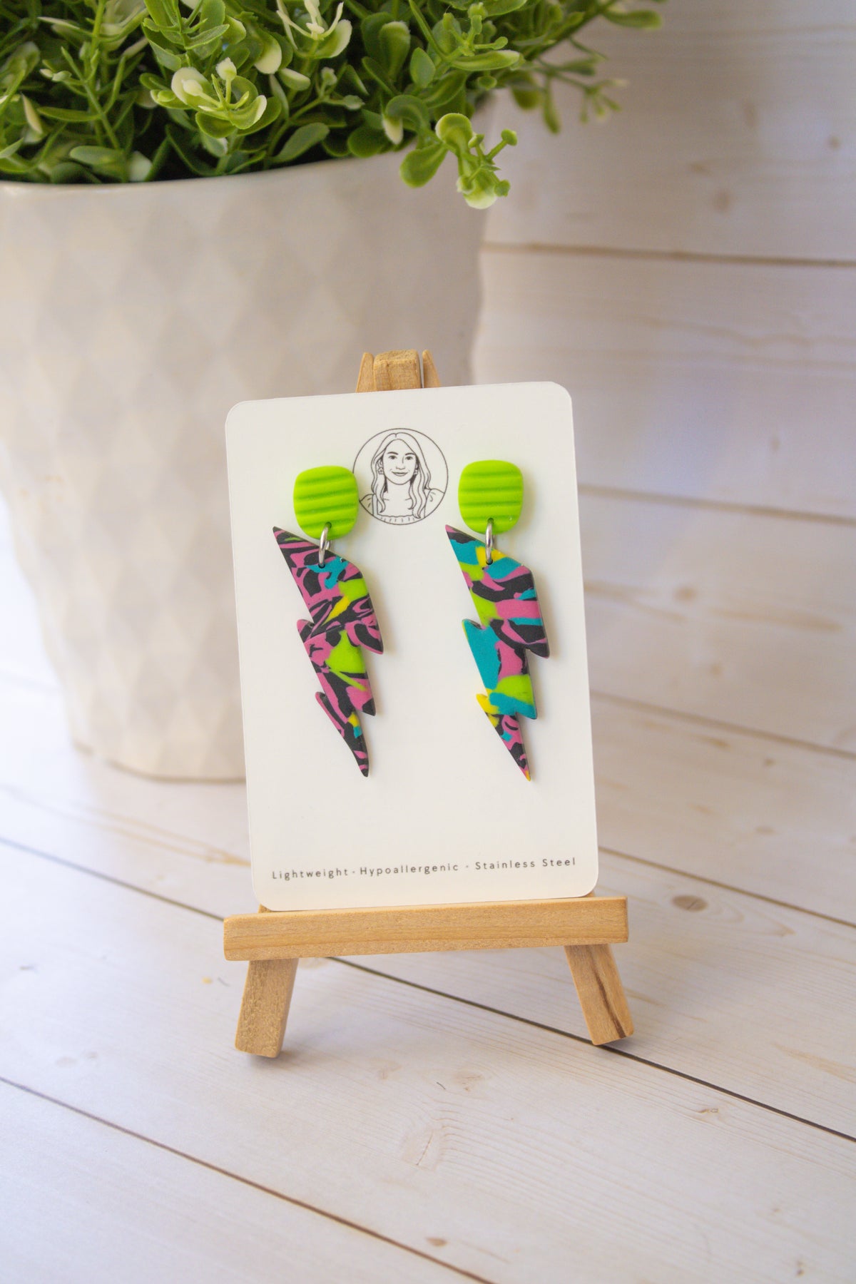 RR11 Neon Flash – Colorful Abstract Lightning Bolt Statement Earrings | Handmade Polymer Clay Hypoallergenic | Boutique Gift