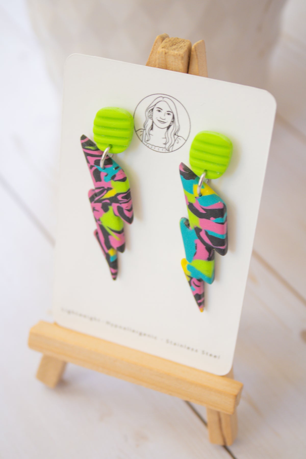 RR11 Neon Flash – Colorful Abstract Lightning Bolt Statement Earrings | Handmade Polymer Clay Hypoallergenic | Boutique Gift