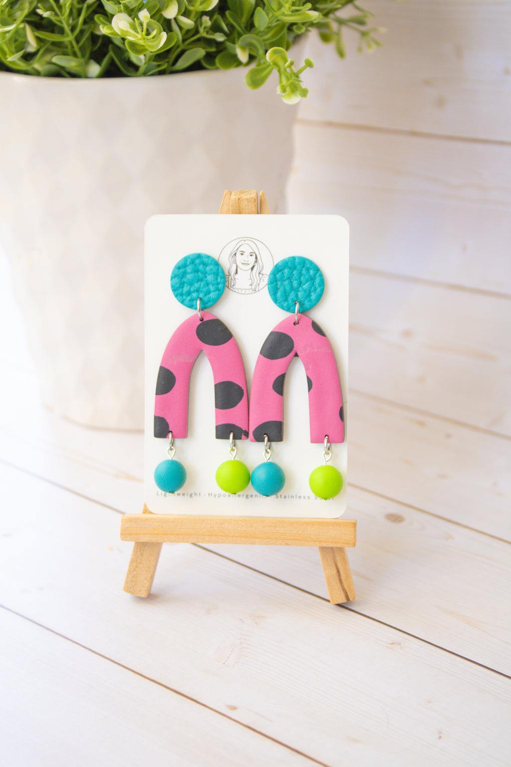 RR10 Pop Art Party – Pink Polka Dot Retro Arch Dangle Earrings | Handmade Polymer Clay Hypoallergenic | Boutique Gift