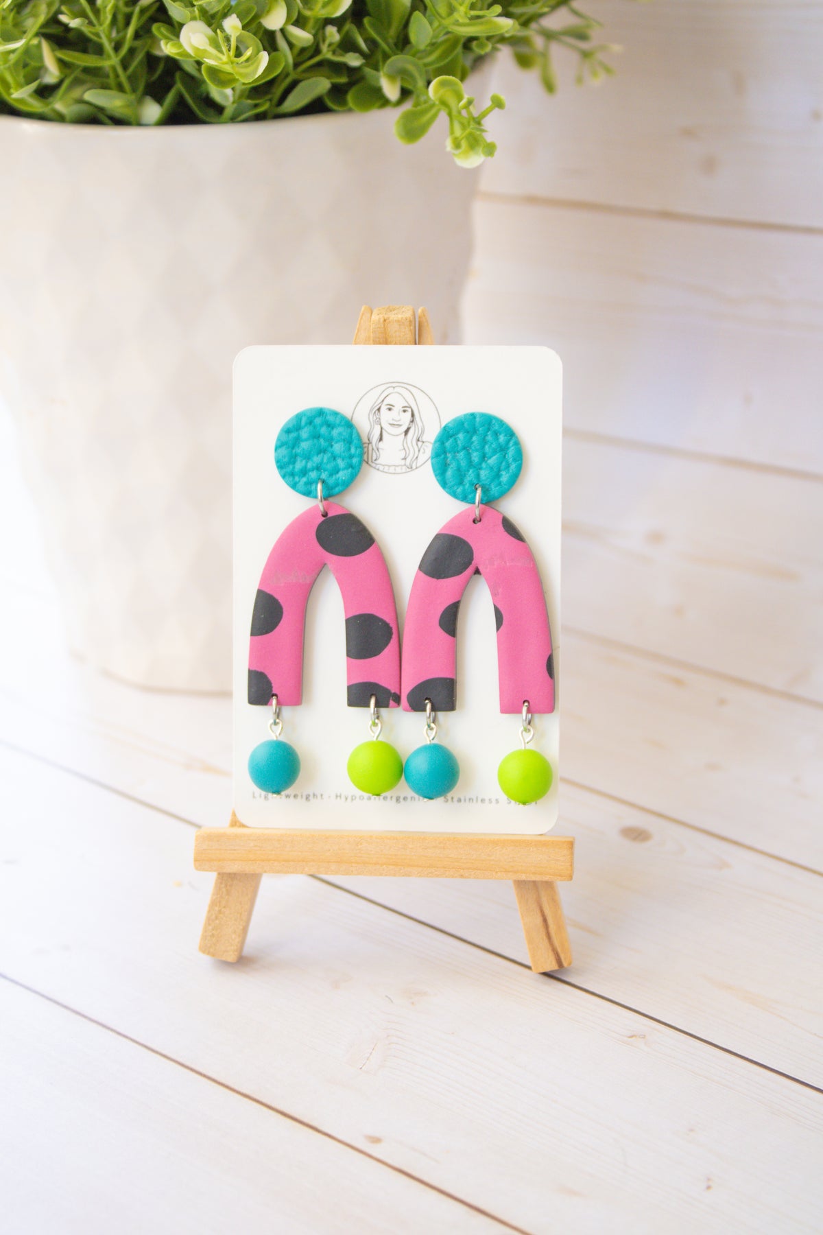 RR10 Pop Art Party – Pink Polka Dot Retro Arch Dangle Earrings | Handmade Polymer Clay Hypoallergenic | Boutique Gift