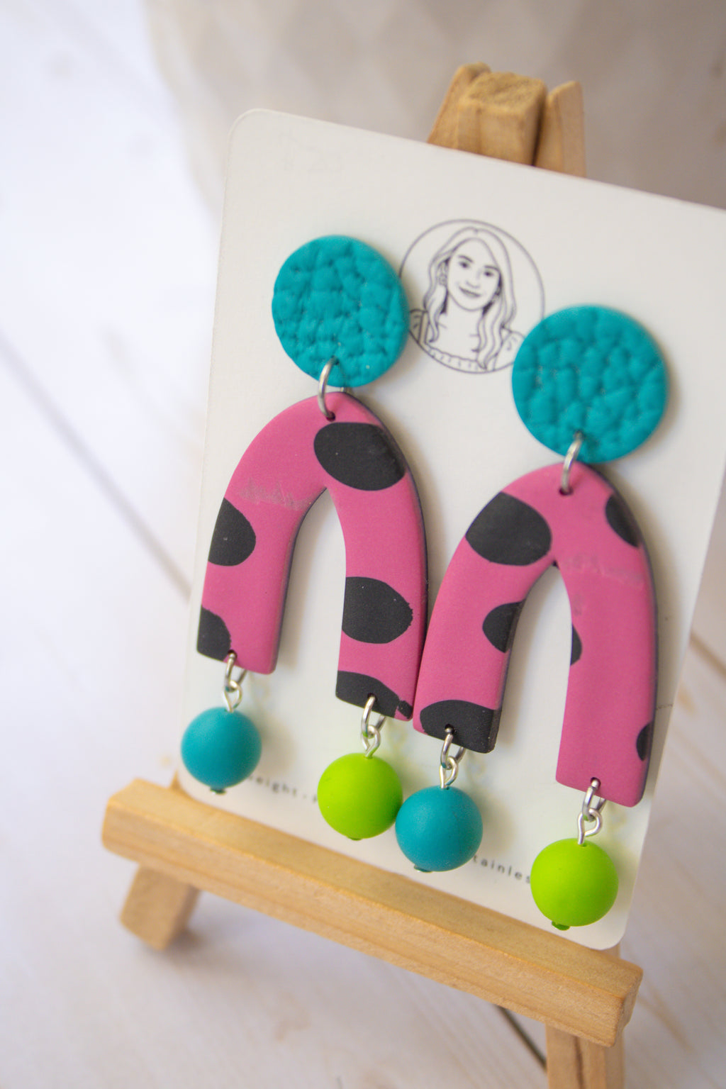 RR10 Pop Art Party – Pink Polka Dot Retro Arch Dangle Earrings | Handmade Polymer Clay Hypoallergenic | Boutique Gift