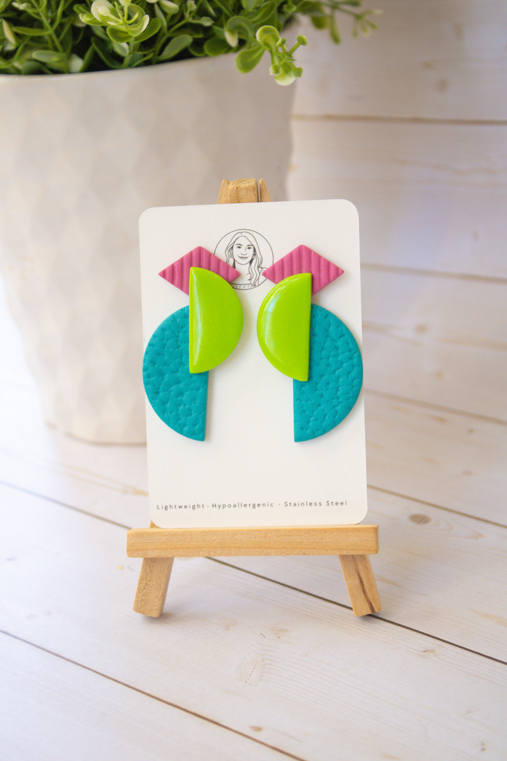 RR8 Geometric Groove – Pink Lime Green & Turquoise Retro Statement Earrings | Handmade Polymer Clay Hypoallergenic | Boutique Gift