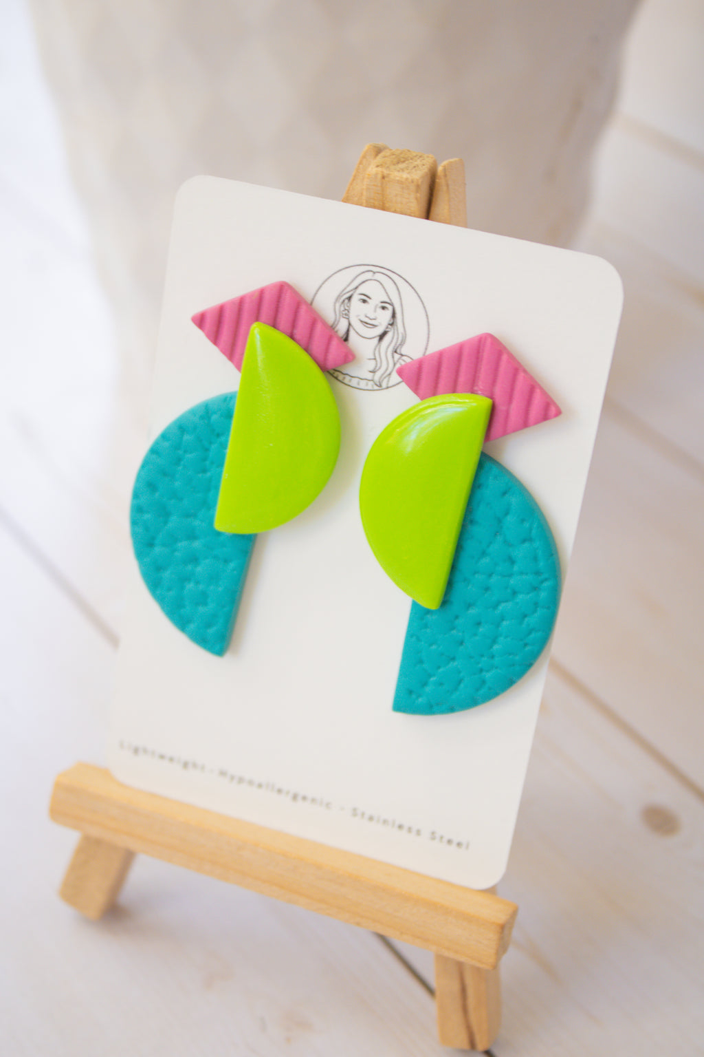 RR8 Geometric Groove – Pink Lime Green & Turquoise Retro Statement Earrings | Handmade Polymer Clay Hypoallergenic | Boutique Gift