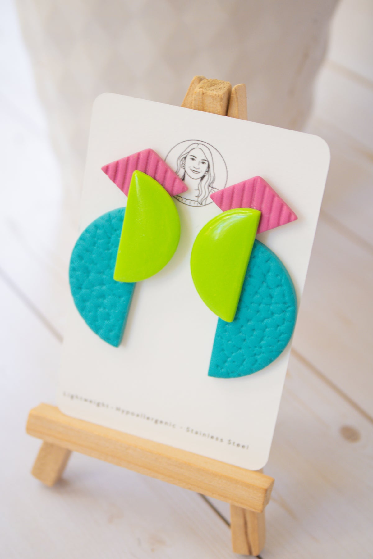 RR8 Geometric Groove – Pink Lime Green & Turquoise Retro Statement Earrings | Handmade Polymer Clay Hypoallergenic | Boutique Gift